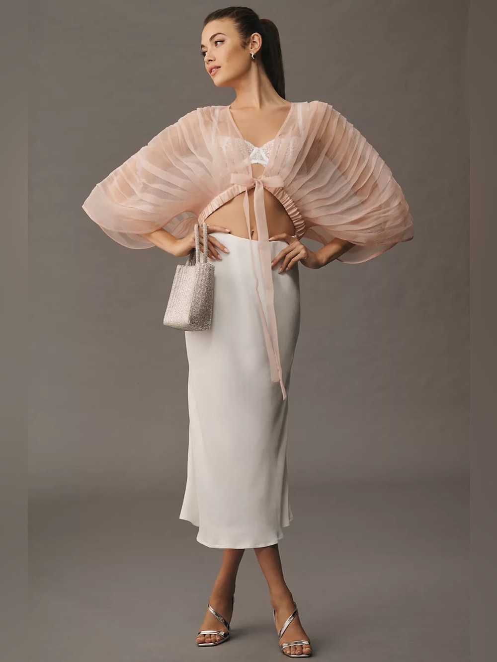 Anthropologie Blush Pink Sheer Tie-Front Top with Cream Midi Skirt